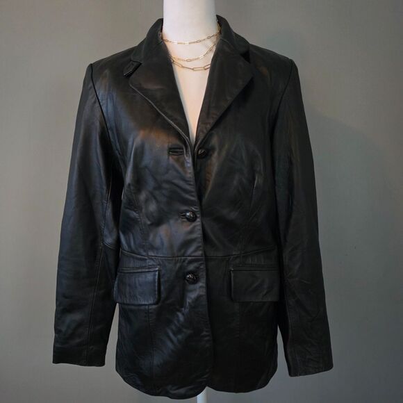 Women's Black Leather Jacket Blazer. Button Front. Long Sleeves. Size Small - Picture 1 of 10
